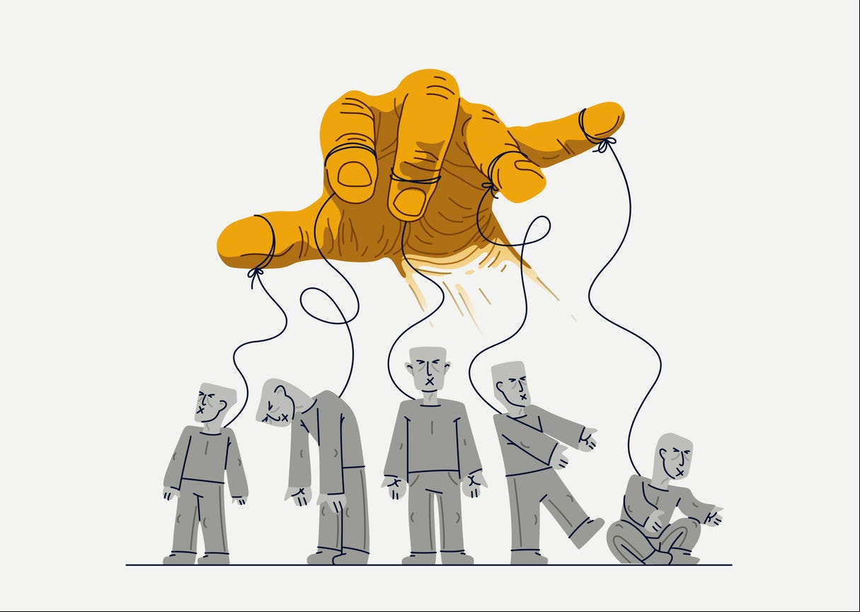 Hand of a toxic manipulator controls his victims, social zombies concept, social manipulations dictatorship and control, cultural code, vector illustration of psychological manipulation.