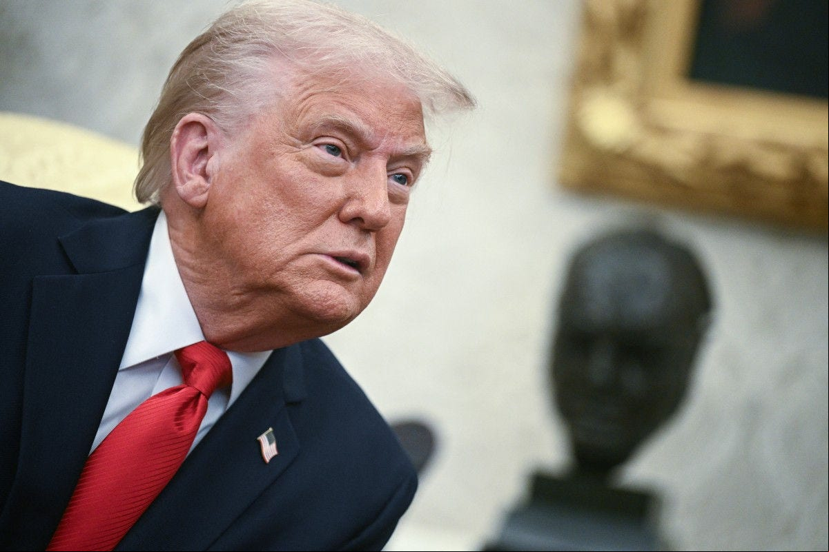 US President Donald Trump participates in a bilateral meeting with El Salvador's President Nayib Bukele in the Oval Office of the WHite House in Washington, DC, APril 14, 2025. (Photo by Brendan SMIALOWSKI / AFP)